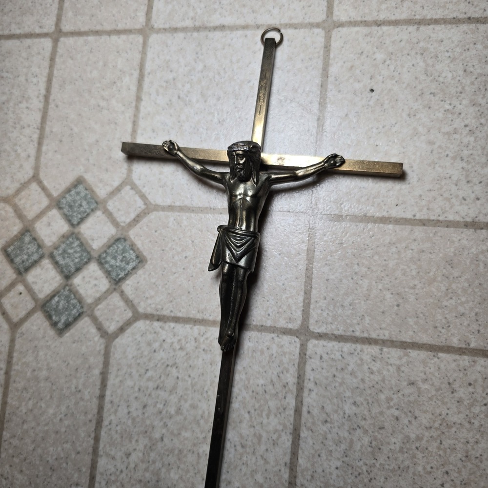 Brass Crucifix With Jesus On Cross Vintage Brass INRI Wall Hanging 10"x5"